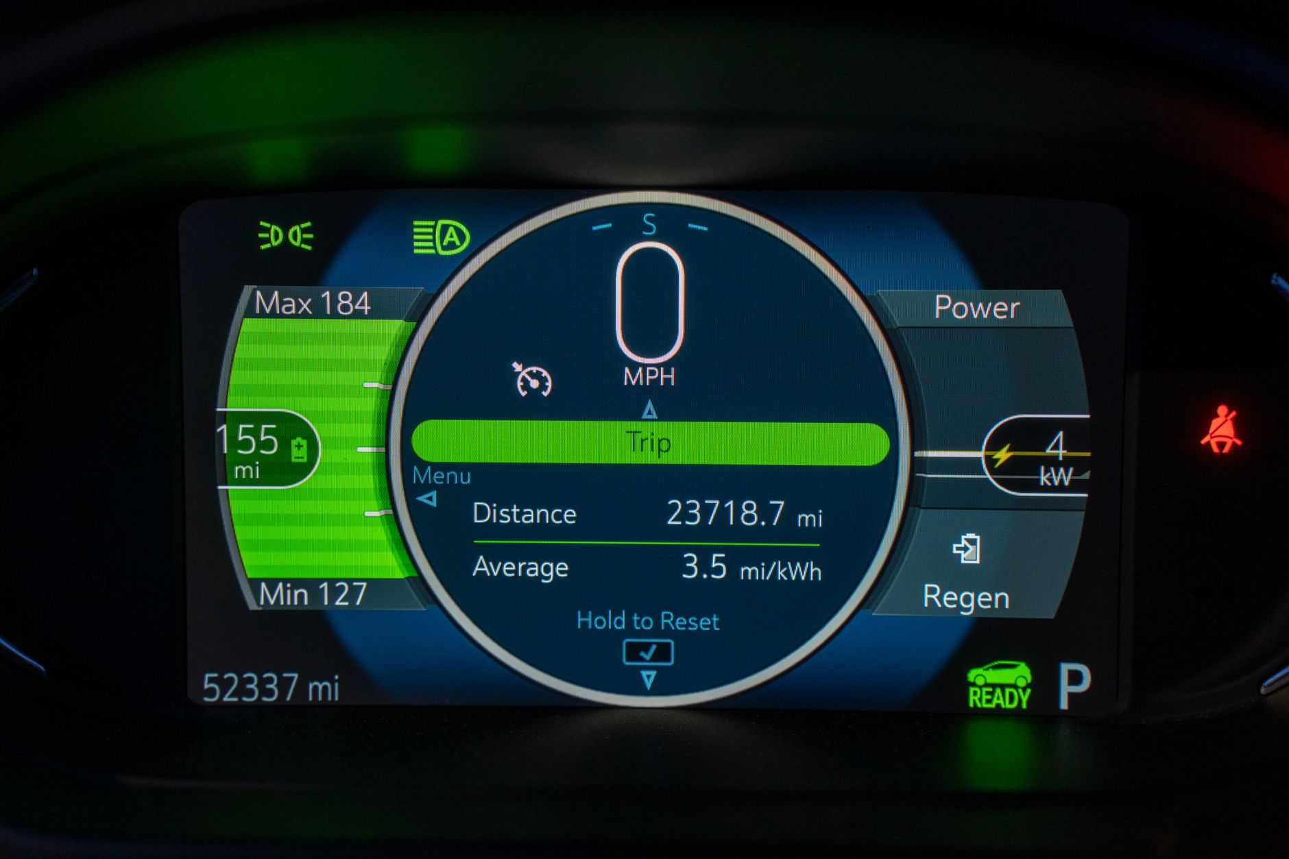 An electric car dashboard showing remaining range