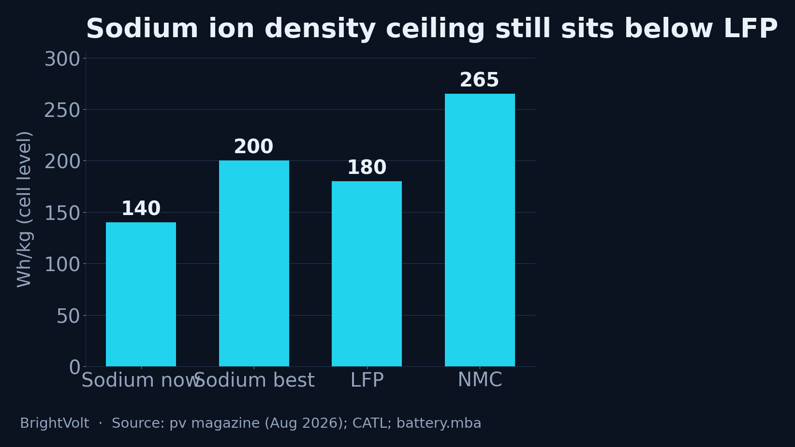 Bar chart of cell energy density showing sodium-ion today around 140 Wh/kg and its prototype ceiling near 200, against LFP at 180 and NMC at 265