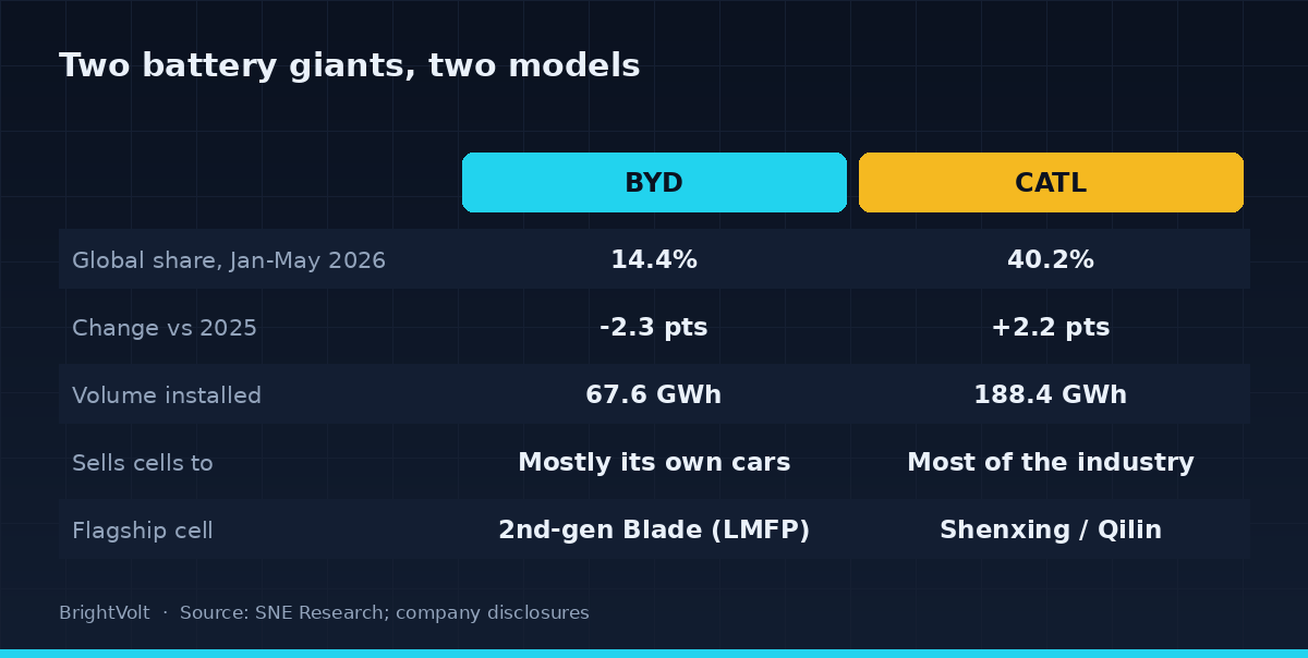 BYD and CATL compared on share, volume and customer base