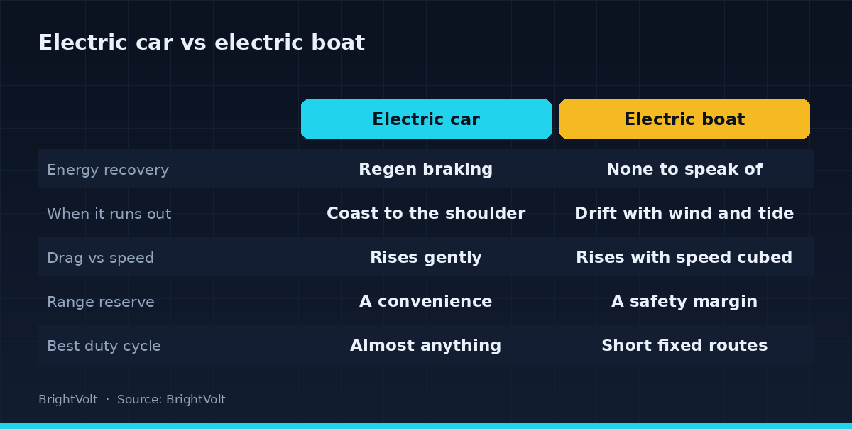 Electric car versus electric boat compared across energy recovery, what happens when the charge runs out, how drag grows with speed, what the range reserve is for, and the duty cycle each suits