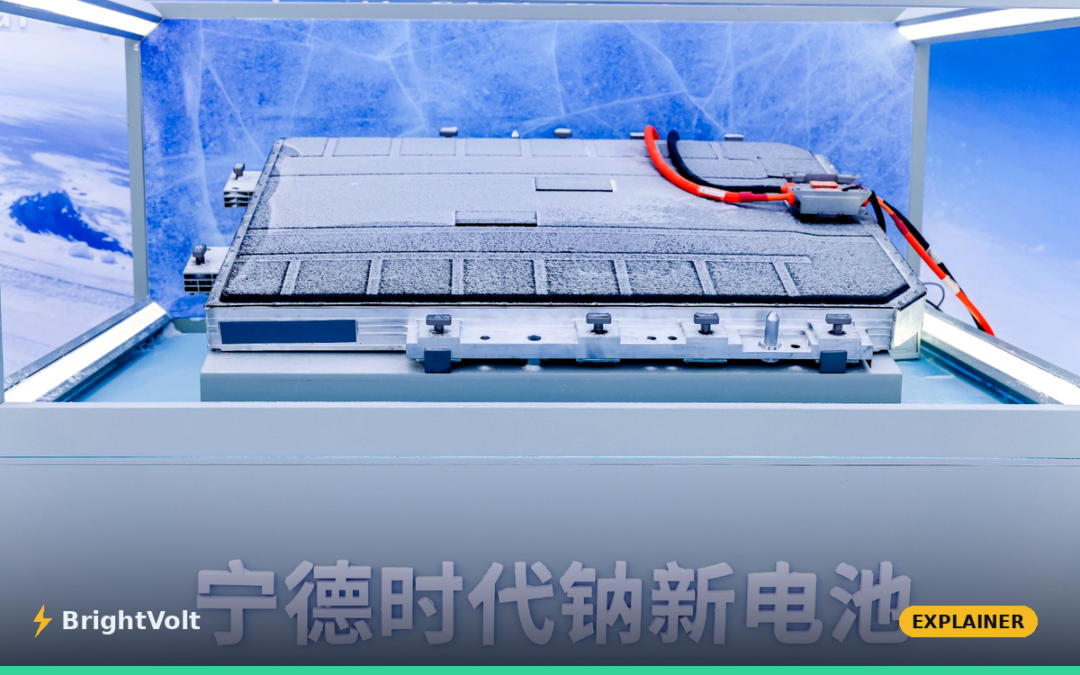 CATL's Naxtra sodium-ion battery pack on display in a cold chamber, frosted over