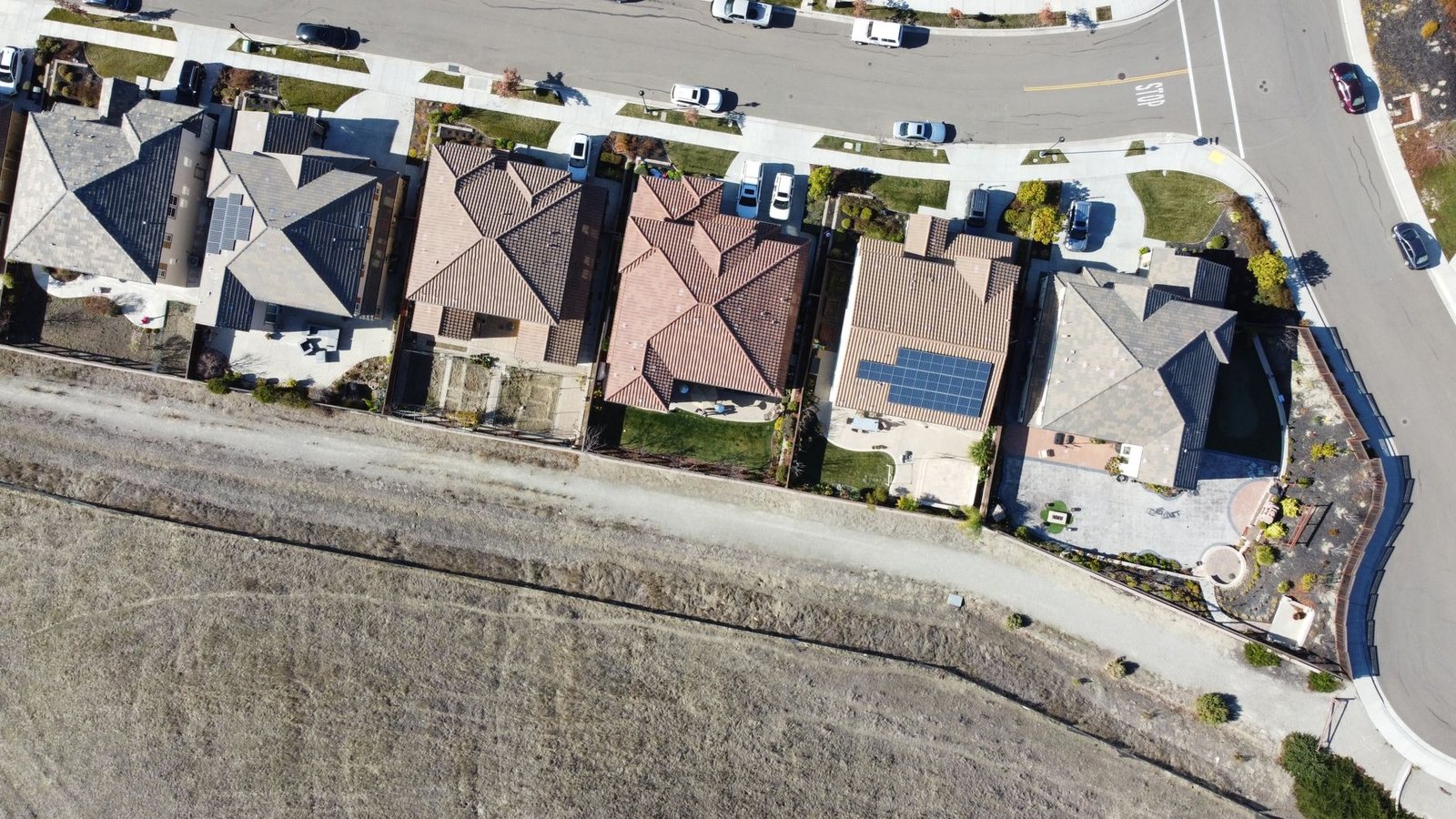 Rooftop solar on a row of suburban homes