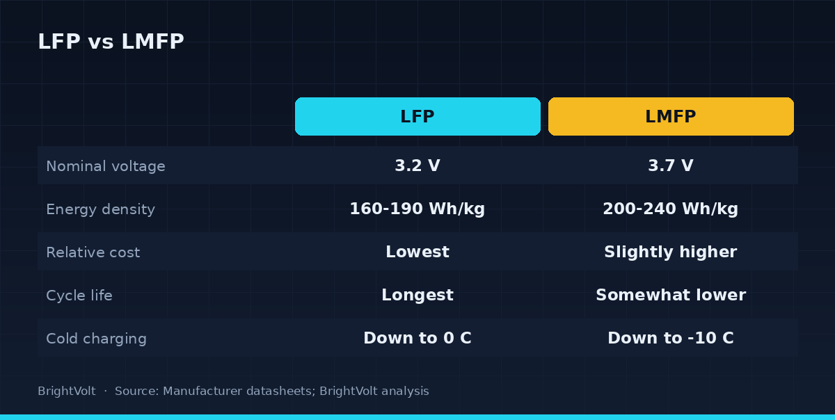 Comparison diagram of LFP versus LMFP across nominal voltage, energy density, relative cost, cycle life and cold-weather charging