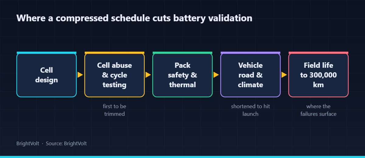 A diagram of the battery validation pipeline, showing where a compressed schedule cuts testing short