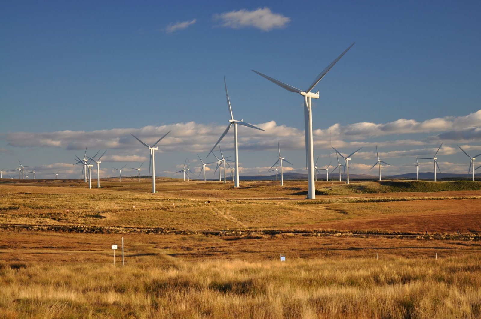 Onshore wind turbines standing in open farmland under a clear sky