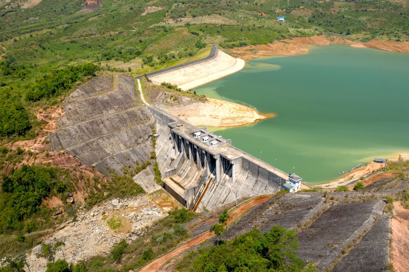 A pumped-storage hydropower reservoir in mountainous terrain