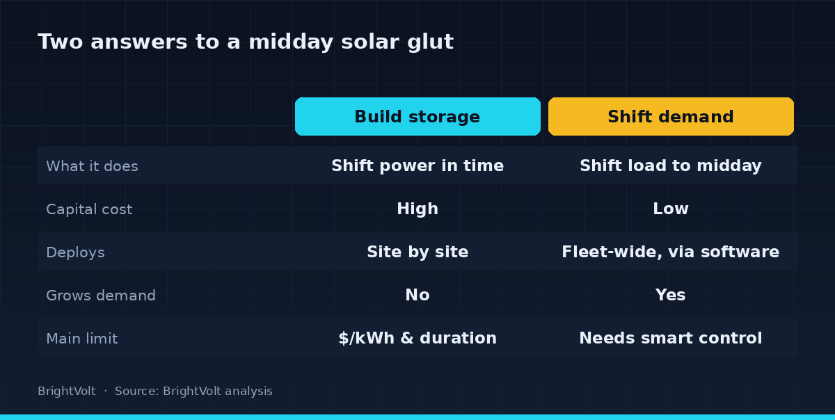 A comparison diagram weighing building storage against shifting demand as responses to a midday solar glut