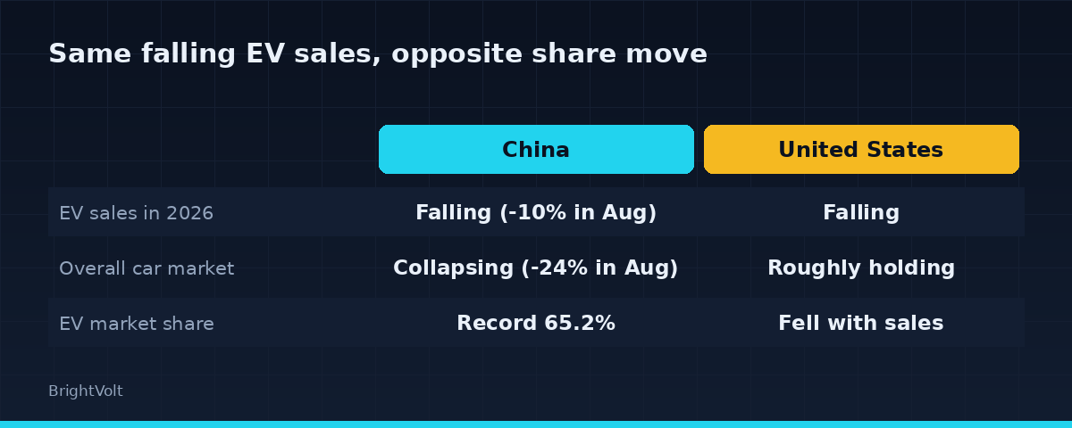 Comparison of China and the United States in 2026: EV sales fell in both, but China's overall market collapsed while the US market held, so EV share rose in one and fell in the other
