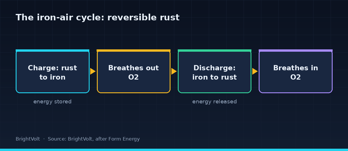 A diagram of the iron-air battery cycle, showing rusting on discharge and un-rusting on charge