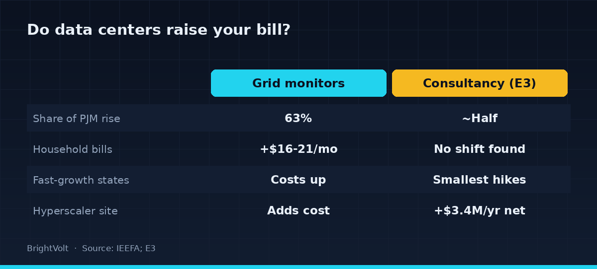 Comparison of the two readings of the data-center cost debate: the grid-monitor view (PJM, Monitoring Analytics, IEEFA) that data centers drive most of the capacity-price rise and raise household bills, against the consultancy view (E3) that load growth explains only half the rise and the highest-growth states saw the smallest increases