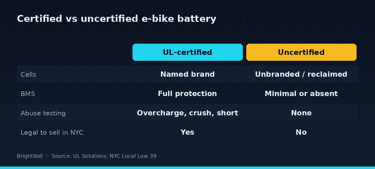 Comparison diagram of a UL-certified e-bike battery versus an uncertified pack across cell quality, battery management system, abuse testing, and legality for sale