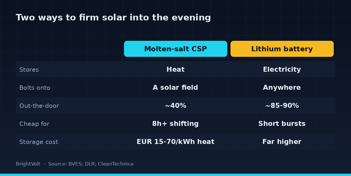 A comparison of molten-salt CSP storage against lithium batteries across what each stores, where it fits, efficiency, cost and useful duration